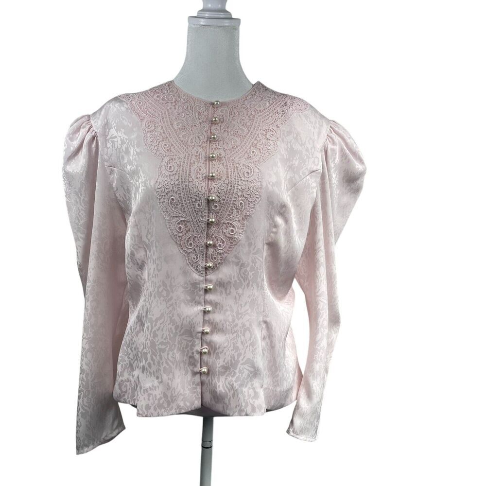Vintage 80s Pink Puff Sleeve Pearl Button Satin Blouse L Lace Victorian Coquette